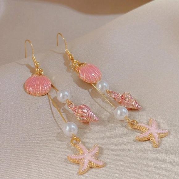 Enameled dangle earrings starfish sea creatures shells pearls mermaid - Picture 2 of 9